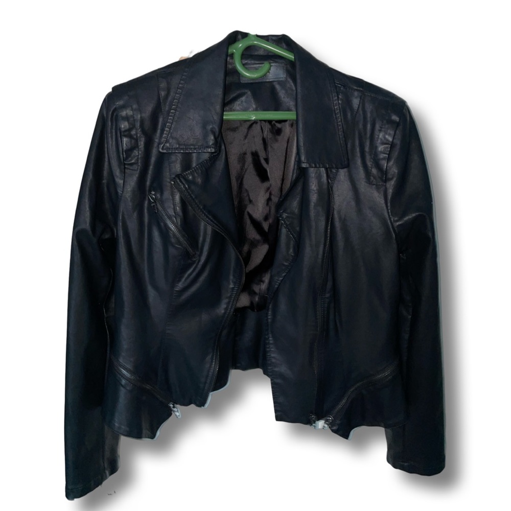 BLANK NYC Black Faux Leather Jacket With Zipper Detailing (Size Large)